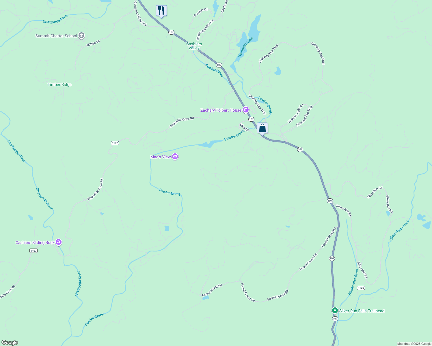 map of restaurants, bars, coffee shops, grocery stores, and more near 100 Mac's View Drive in Cashiers