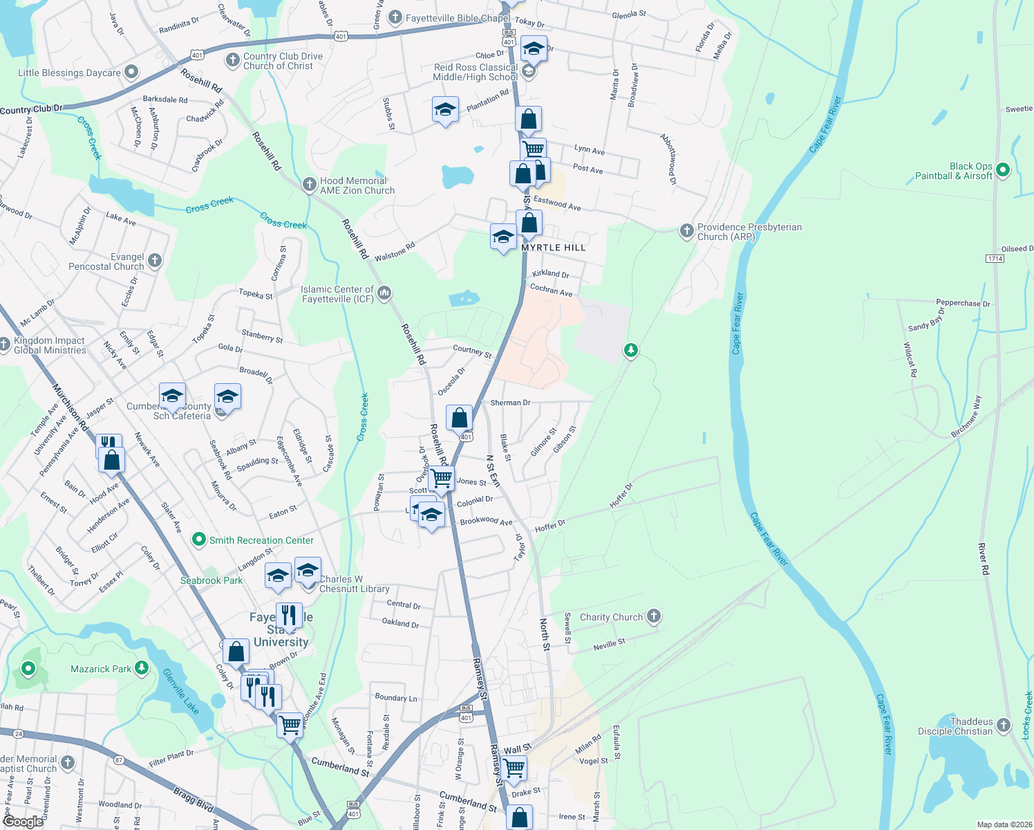 map of restaurants, bars, coffee shops, grocery stores, and more near 1919 Mimosa Lane in Fayetteville