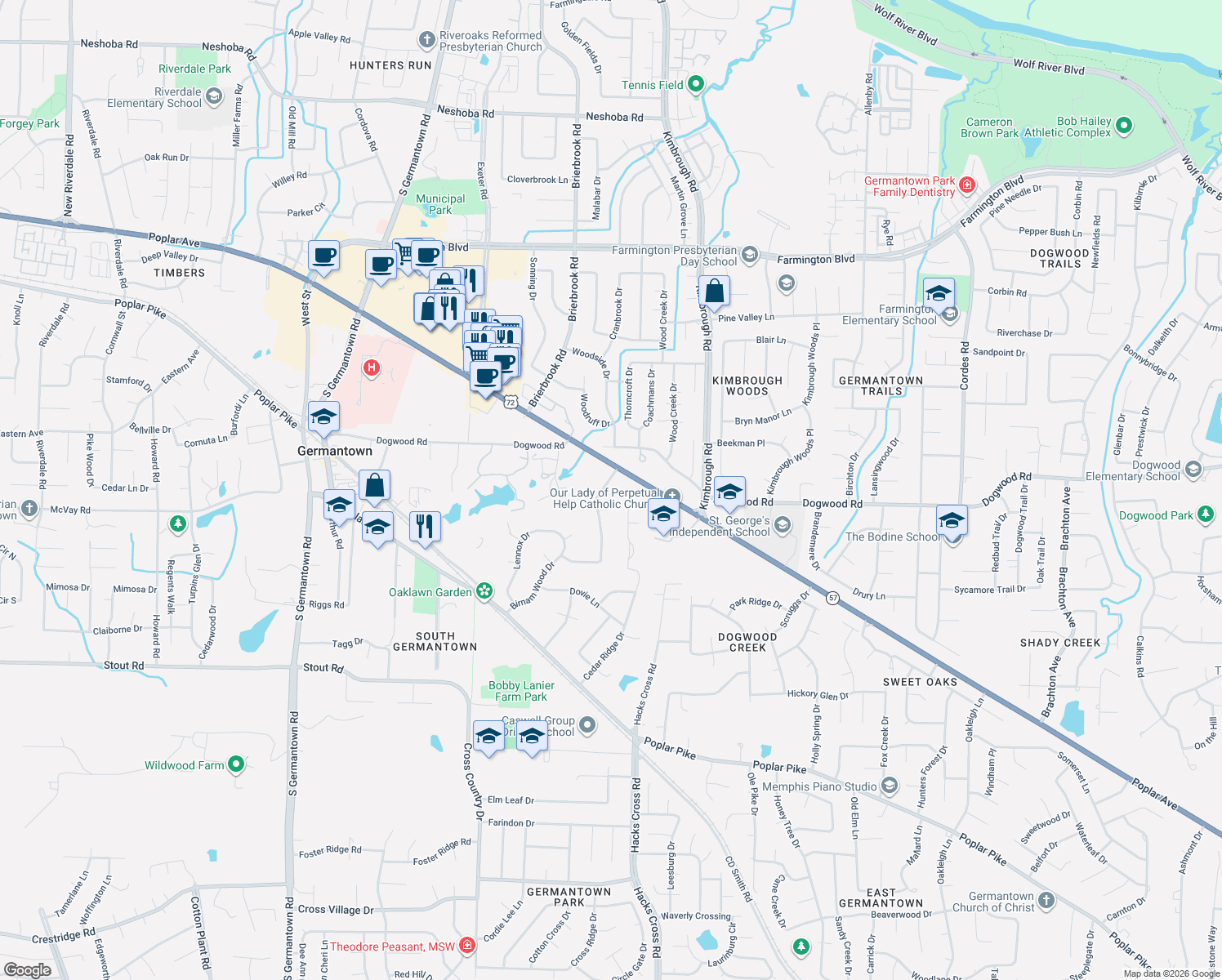 map of restaurants, bars, coffee shops, grocery stores, and more near 2350 Carters Grove Ln in Germantown