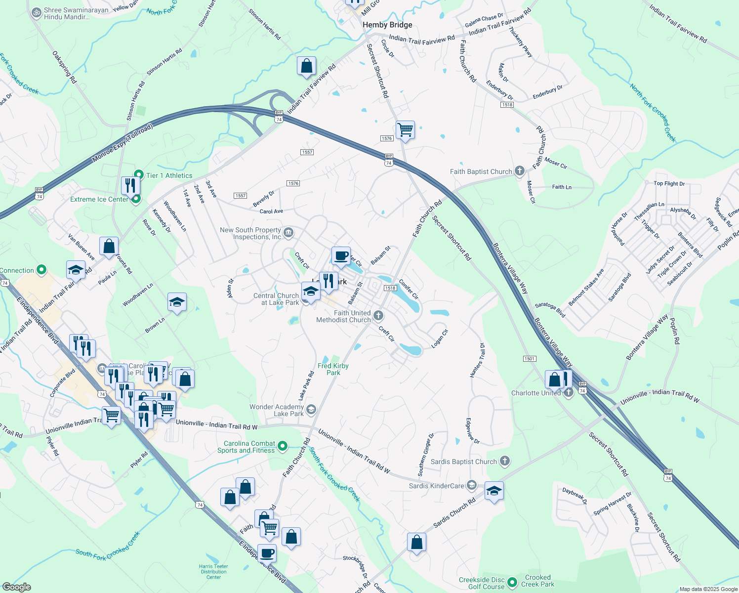 map of restaurants, bars, coffee shops, grocery stores, and more near 6933 Creft Circle in Indian Trail