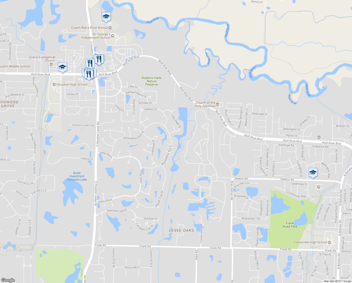 map of restaurants, bars, coffee shops, grocery stores, and more near 10414 Page Manor Cove in Collierville