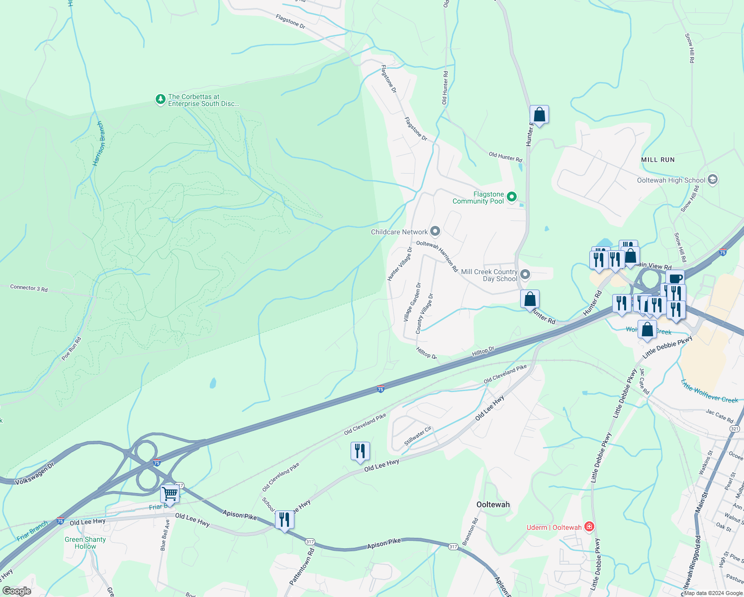 map of restaurants, bars, coffee shops, grocery stores, and more near 8325 Troubadour Way in Ooltewah