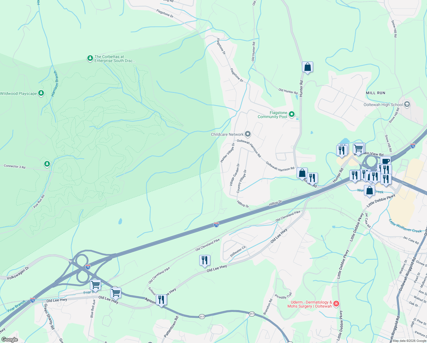 map of restaurants, bars, coffee shops, grocery stores, and more near 5309 Hunter Village Drive in Ooltewah