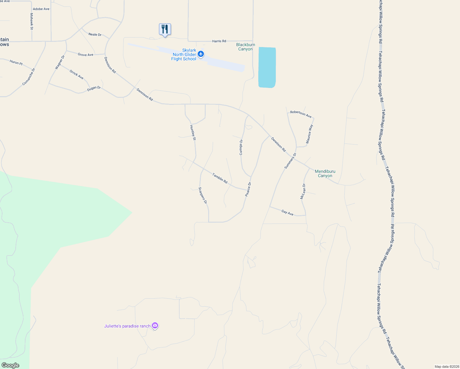 map of restaurants, bars, coffee shops, grocery stores, and more near 16126 Tamblin Road in Tehachapi