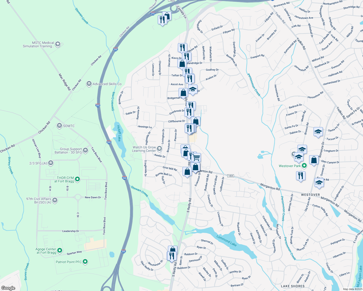 map of restaurants, bars, coffee shops, grocery stores, and more near 6513 Cissna Drive in Fayetteville