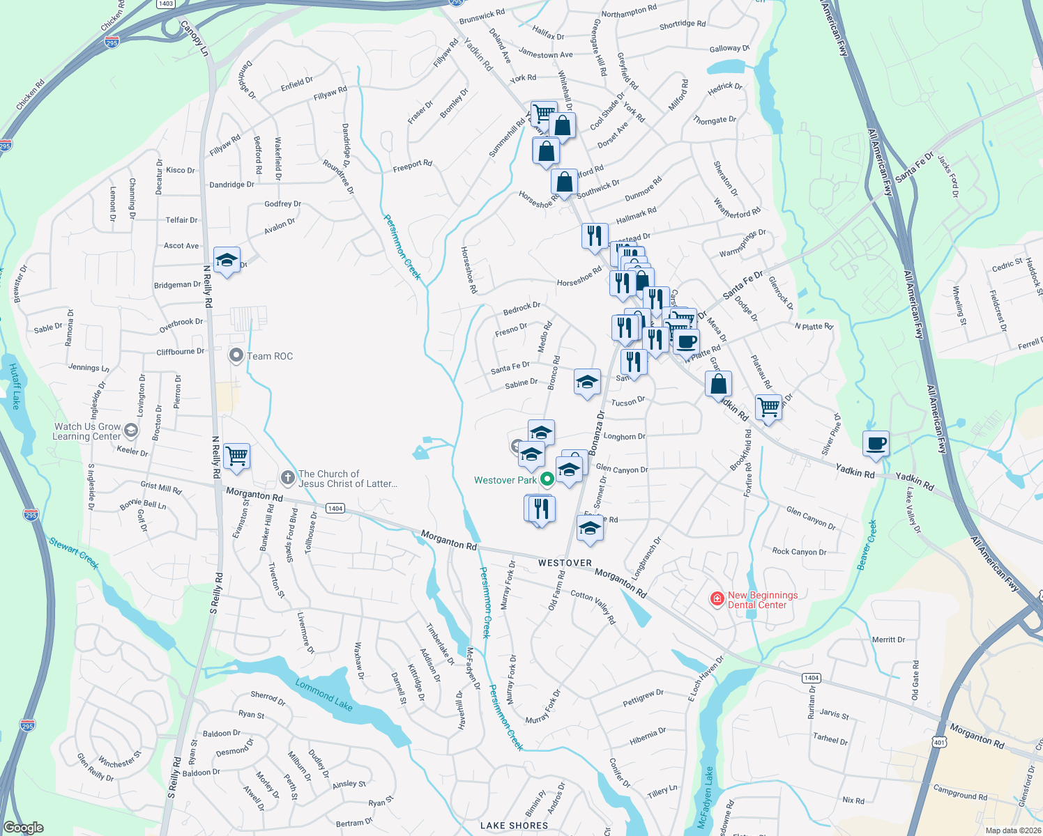 map of restaurants, bars, coffee shops, grocery stores, and more near 6113 Lonestar Road in Fayetteville