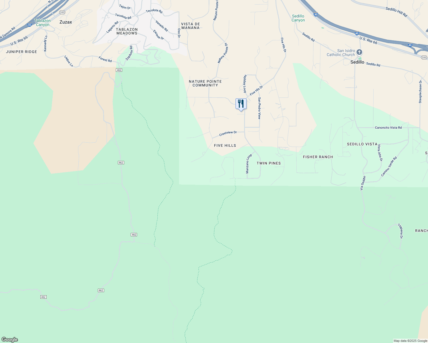 map of restaurants, bars, coffee shops, grocery stores, and more near 262 Five Hills Drive in Tijeras
