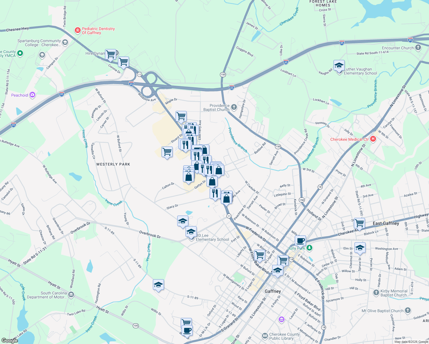 map of restaurants, bars, coffee shops, grocery stores, and more near 100 Beltline Rd in Gaffney