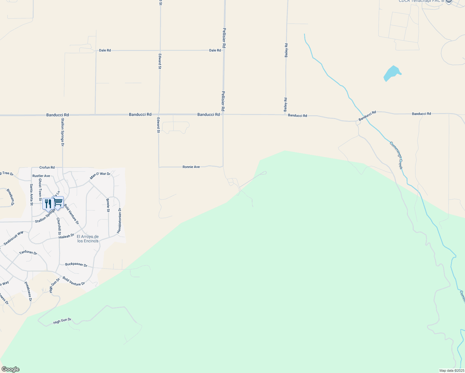 map of restaurants, bars, coffee shops, grocery stores, and more near 18401 Pellisier Road in Tehachapi