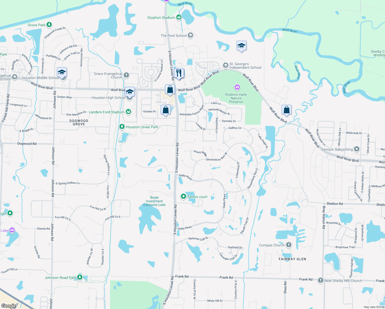 map of restaurants, bars, coffee shops, grocery stores, and more near 1685 Lovejoy Lane in Collierville