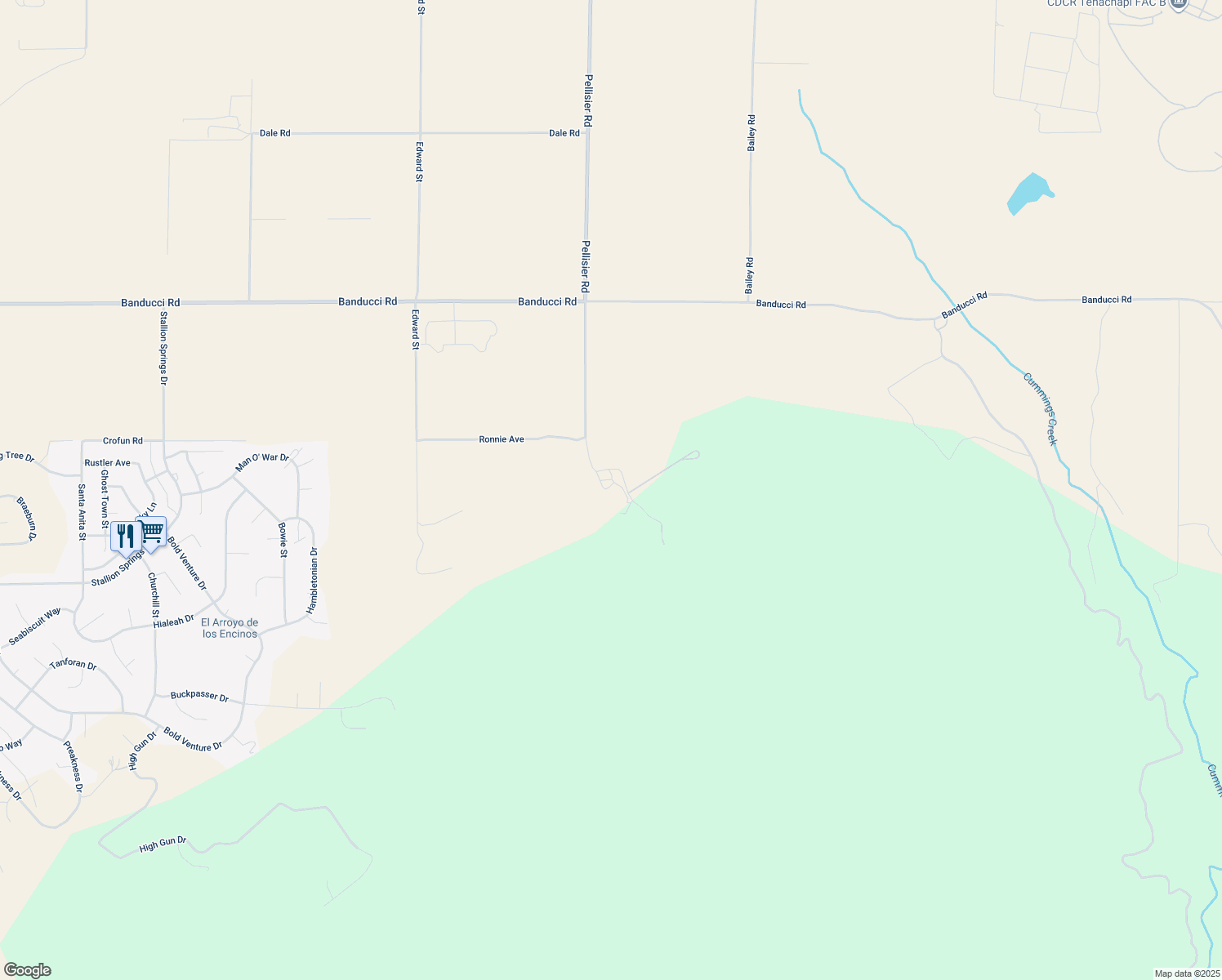 map of restaurants, bars, coffee shops, grocery stores, and more near 18401 Pellisier Road in Tehachapi
