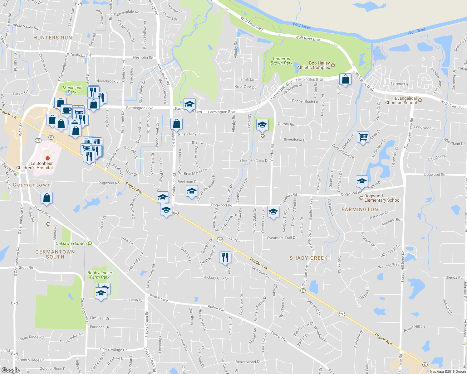 map of restaurants, bars, coffee shops, grocery stores, and more near 2286 Birchton Drive in Germantown