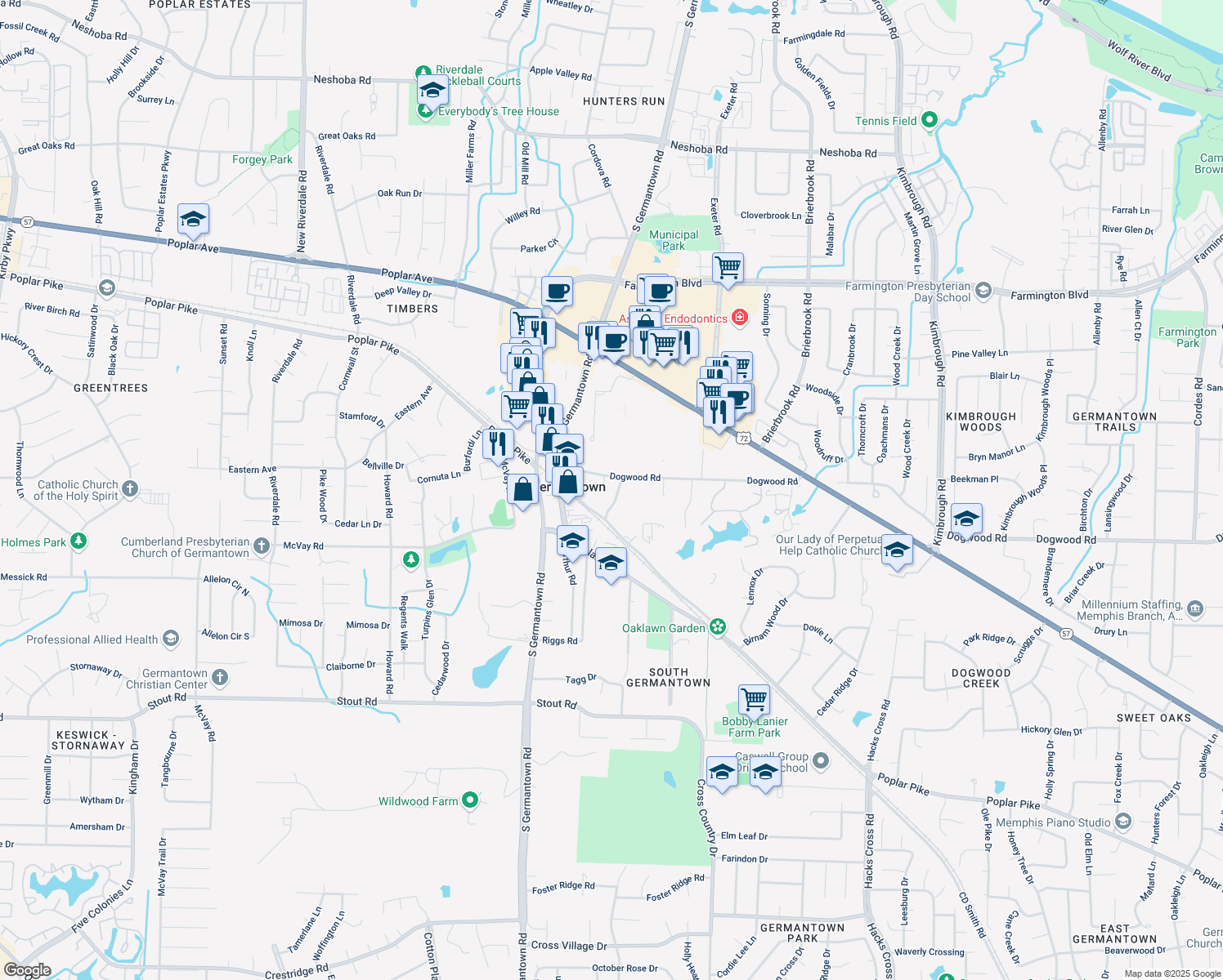 map of restaurants, bars, coffee shops, grocery stores, and more near 2280 Dogwood Crest Cove in Germantown