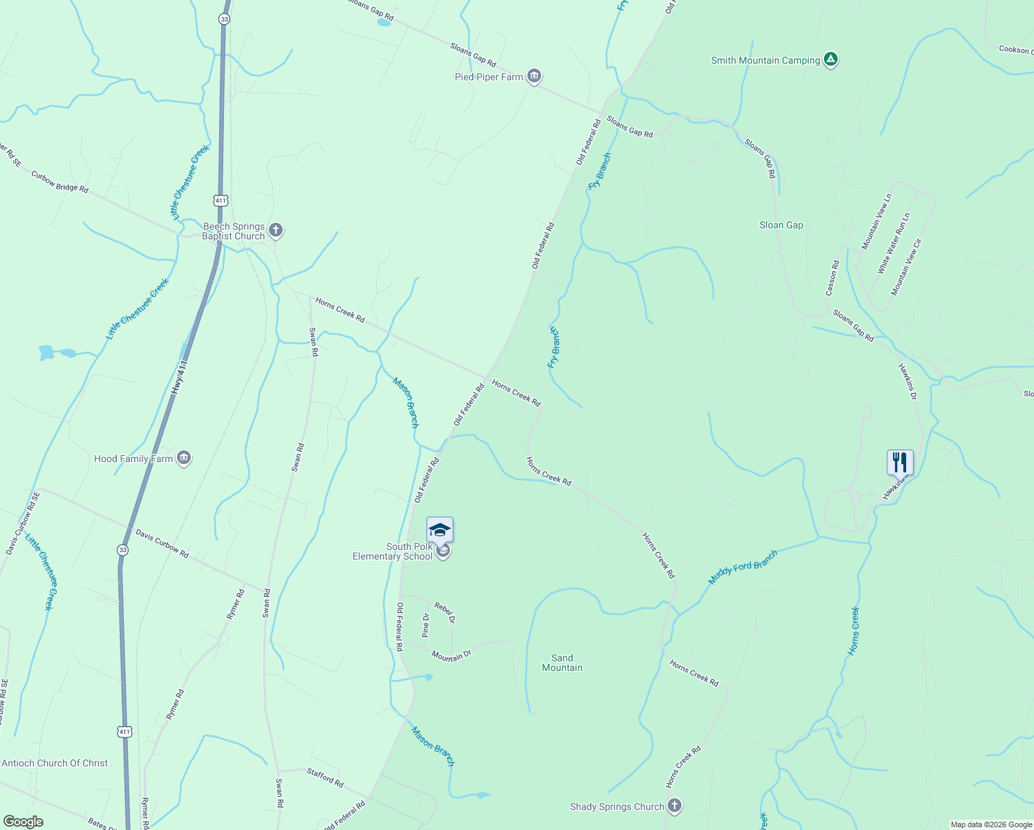 map of restaurants, bars, coffee shops, grocery stores, and more near 1883 Horns Creek Road in Old Fort