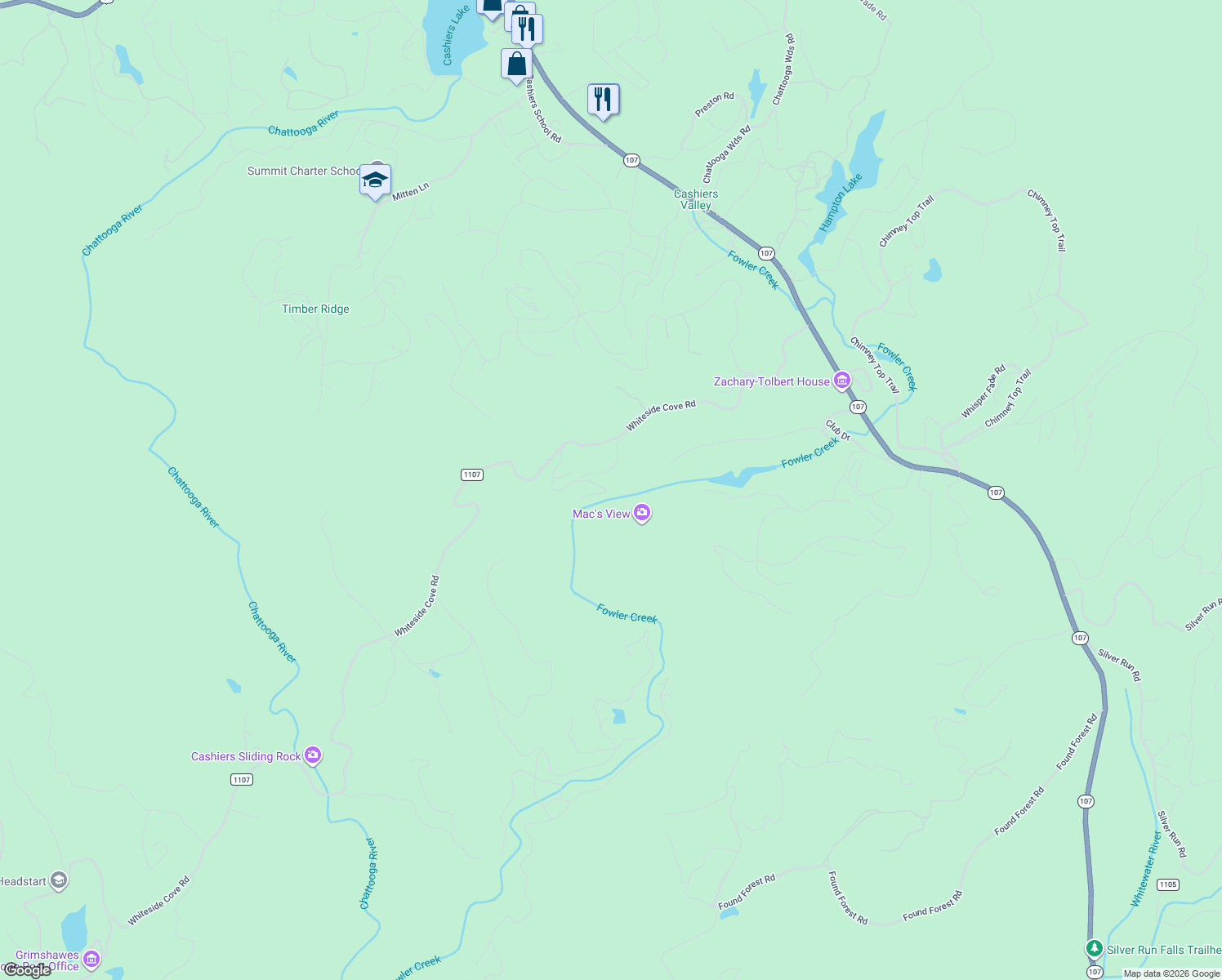 map of restaurants, bars, coffee shops, grocery stores, and more near 2 Gorge Trail in Cashiers