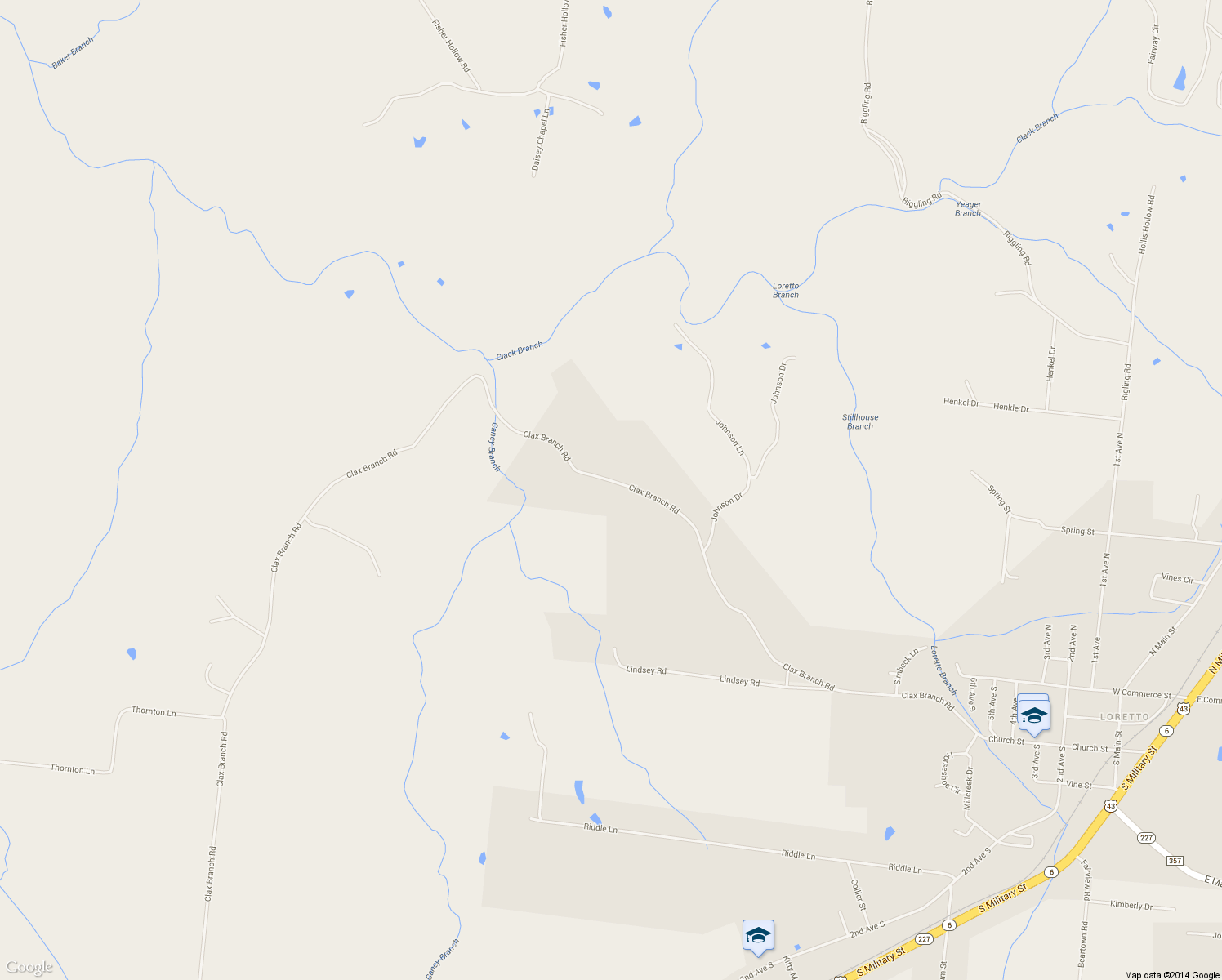 map of restaurants, bars, coffee shops, grocery stores, and more near 632 Clax Branch Road in Loretto