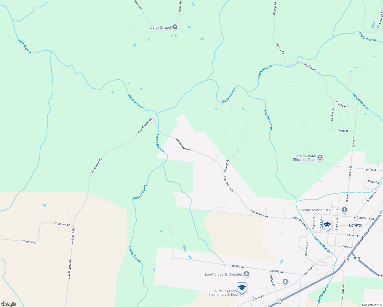 map of restaurants, bars, coffee shops, grocery stores, and more near 632 Clax Branch Road in Loretto