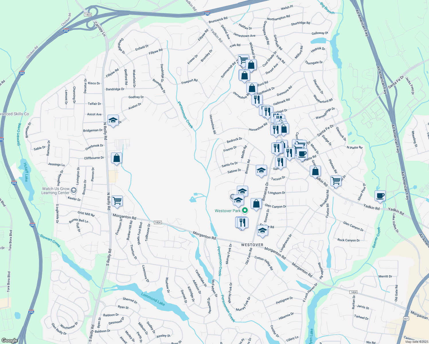 map of restaurants, bars, coffee shops, grocery stores, and more near 6209 Santa Fe Dr in Fayetteville