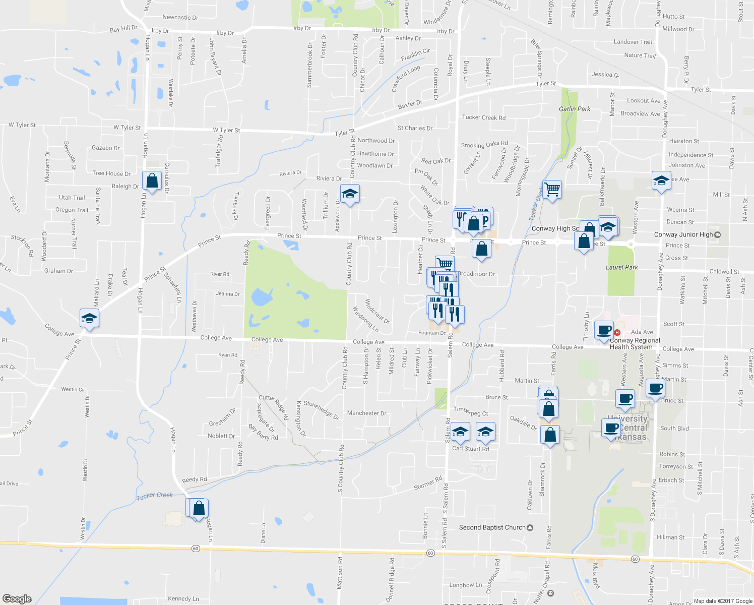 map of restaurants, bars, coffee shops, grocery stores, and more near 625 Northwind Circle in Conway
