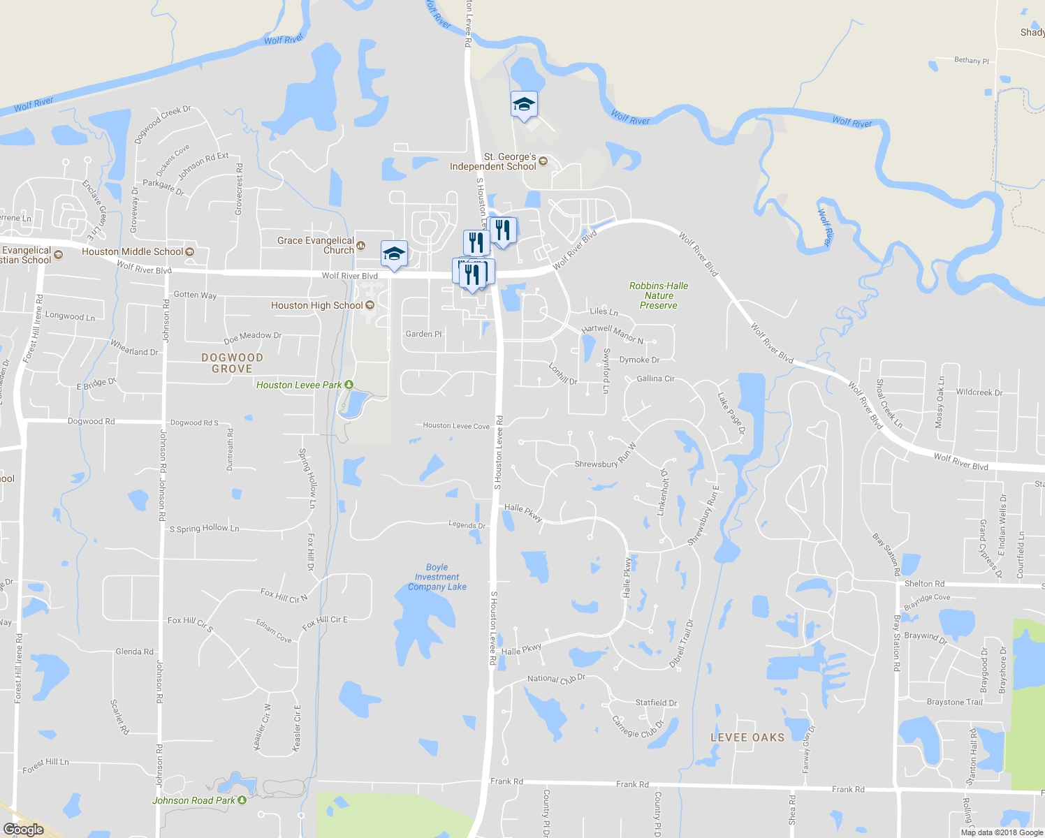 map of restaurants, bars, coffee shops, grocery stores, and more near 10019 Bushrod Cove in Collierville