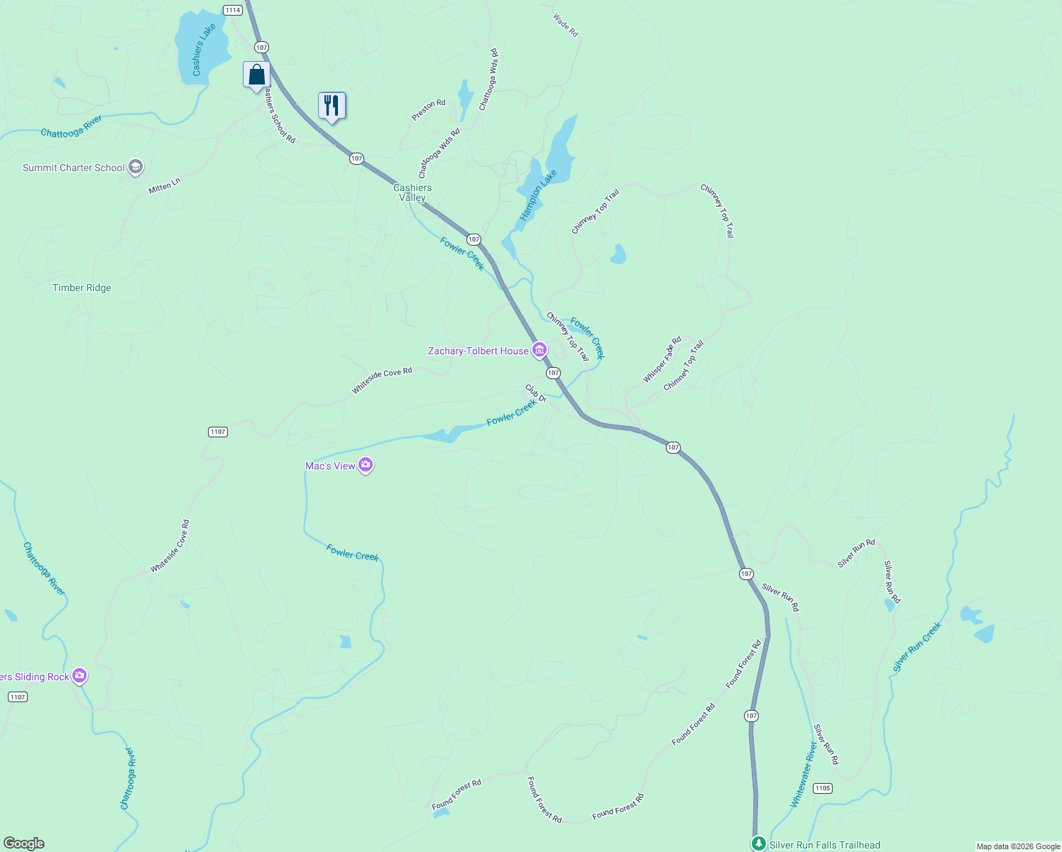 map of restaurants, bars, coffee shops, grocery stores, and more near 362 Club Drive in Cashiers