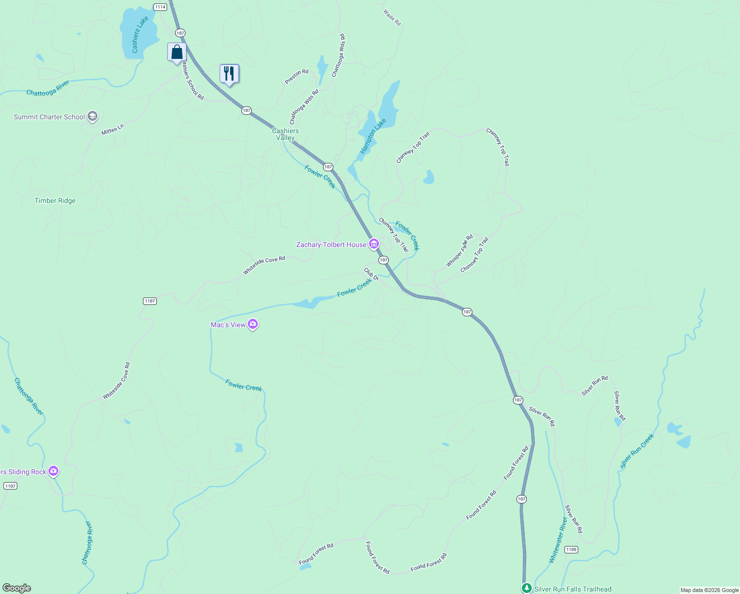 map of restaurants, bars, coffee shops, grocery stores, and more near 362 Club Drive in Cashiers