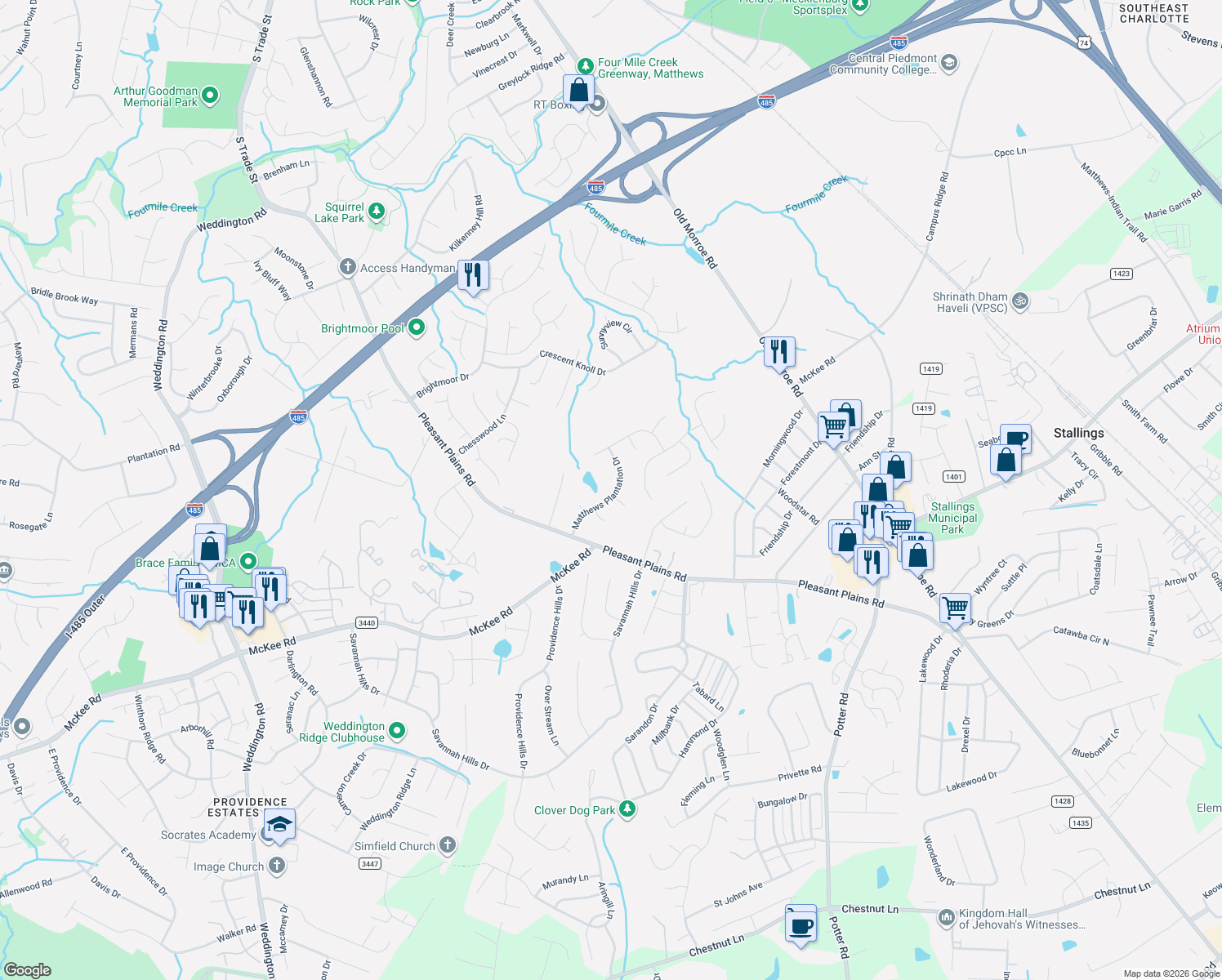 map of restaurants, bars, coffee shops, grocery stores, and more near 1320 Matthews Plantation Drive in Matthews