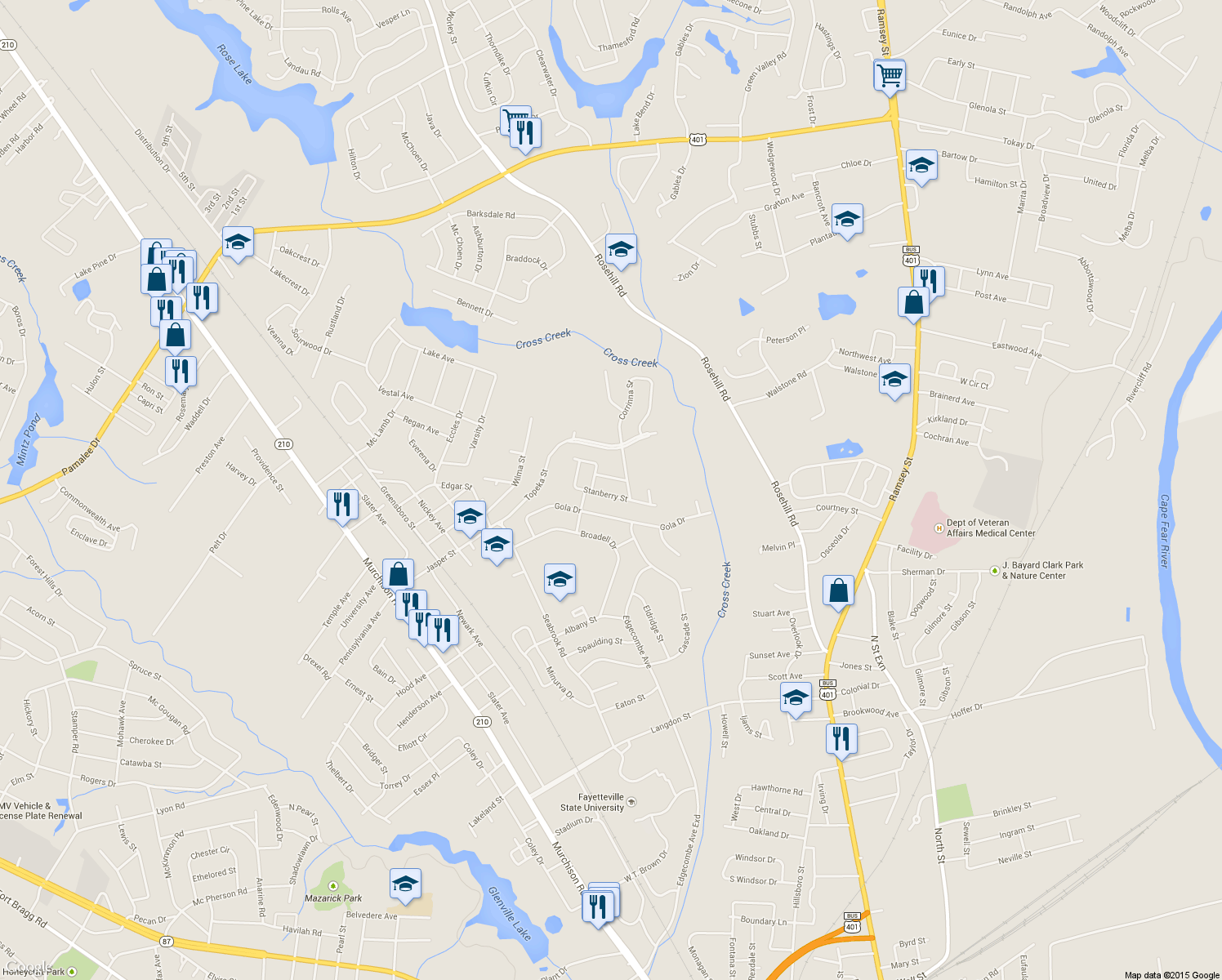 map of restaurants, bars, coffee shops, grocery stores, and more near 1850 Stanberry Street in Fayetteville
