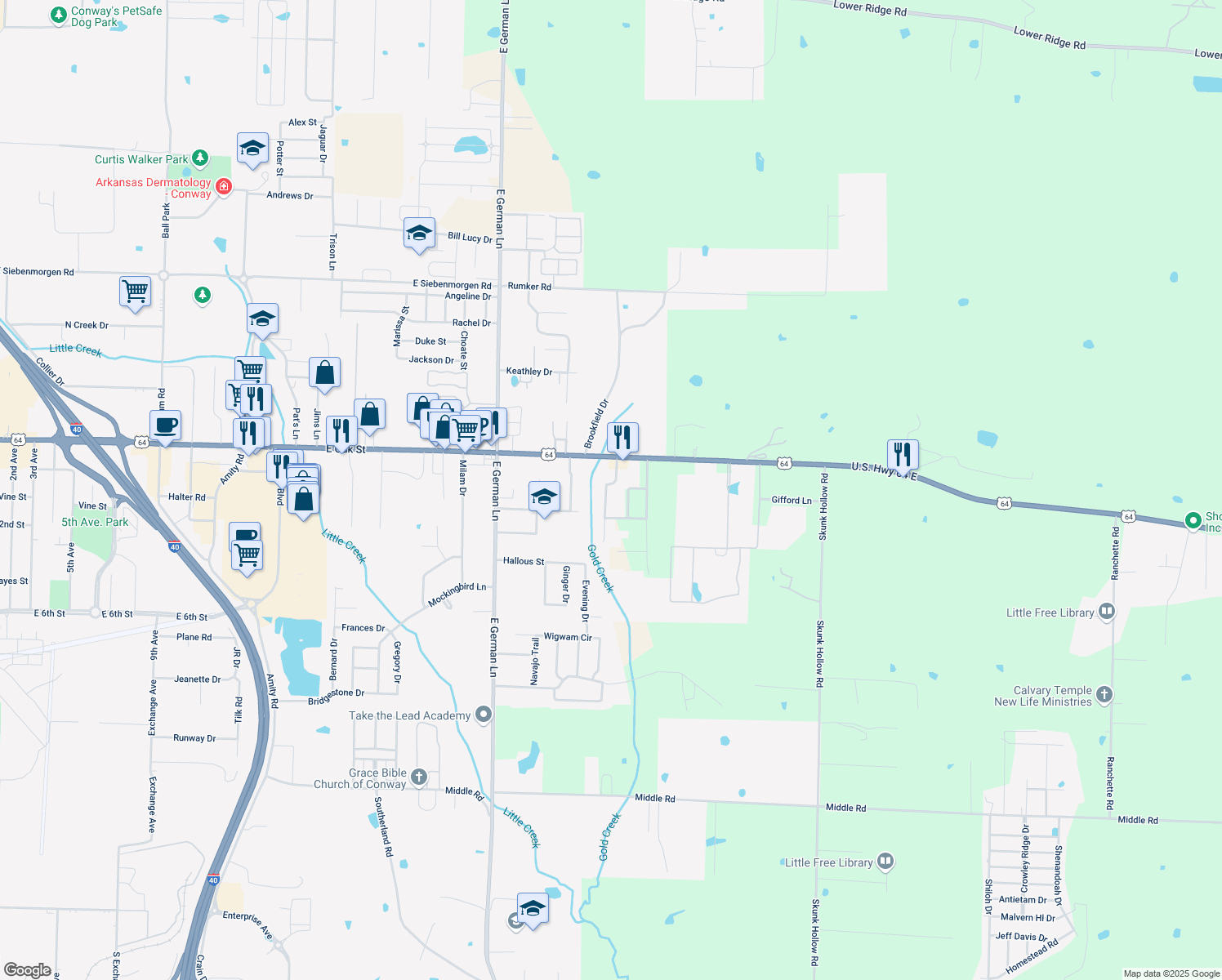 map of restaurants, bars, coffee shops, grocery stores, and more near 750 Caskay Drive in Conway