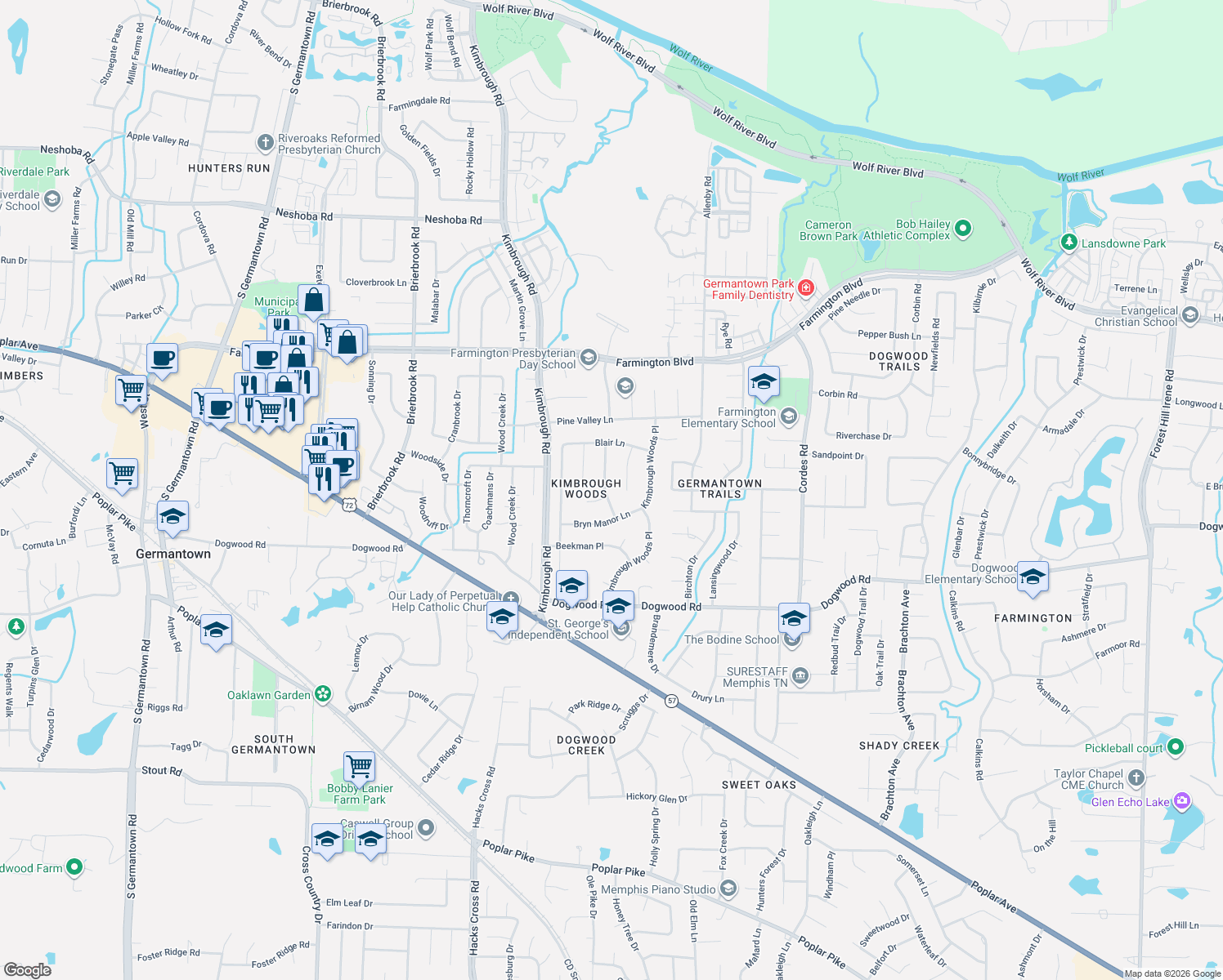 map of restaurants, bars, coffee shops, grocery stores, and more near 2178 Wentworth Lane in Germantown
