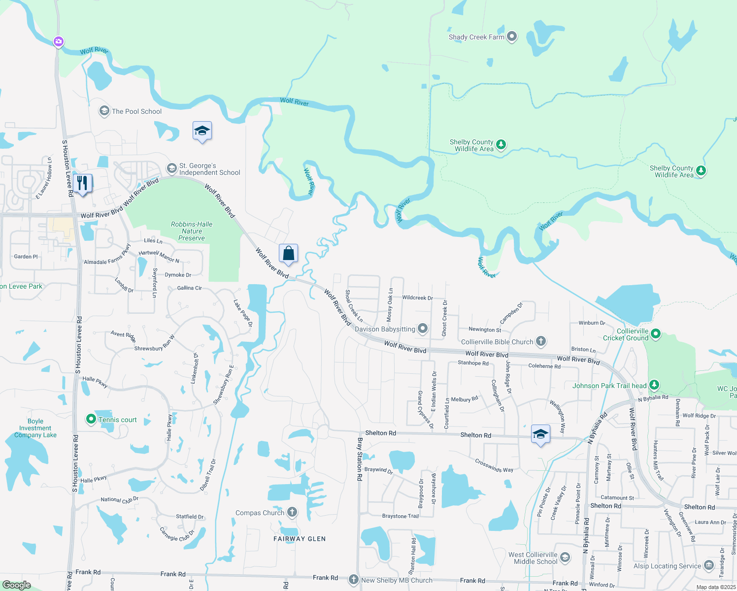 map of restaurants, bars, coffee shops, grocery stores, and more near 1280 Marsh Springs Ln in Collierville