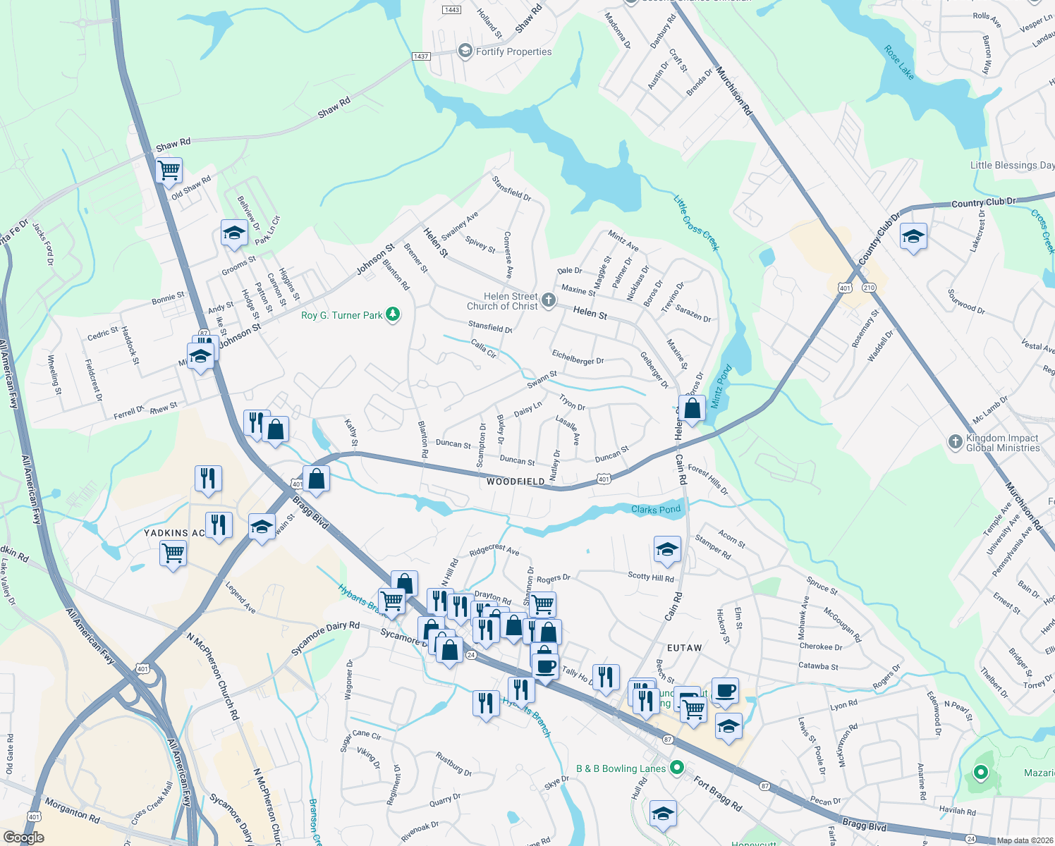 map of restaurants, bars, coffee shops, grocery stores, and more near 1726 Webster Avenue in Fayetteville