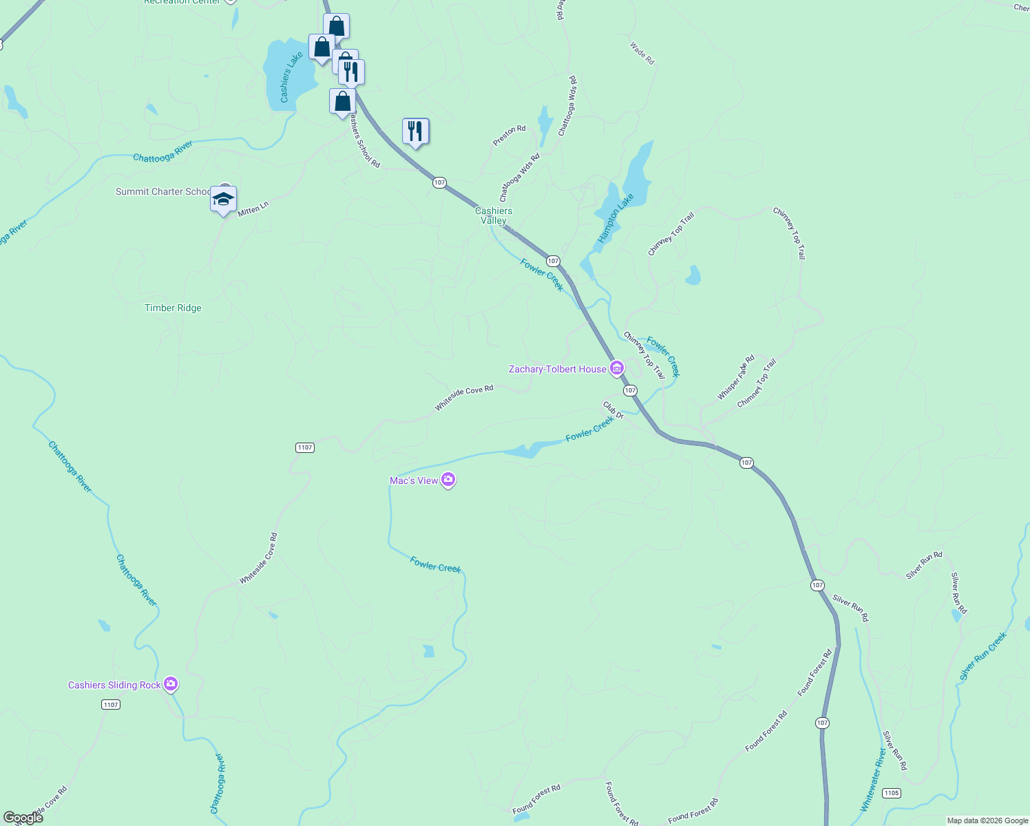 map of restaurants, bars, coffee shops, grocery stores, and more near 364 Gristmill Ridge in Cashiers