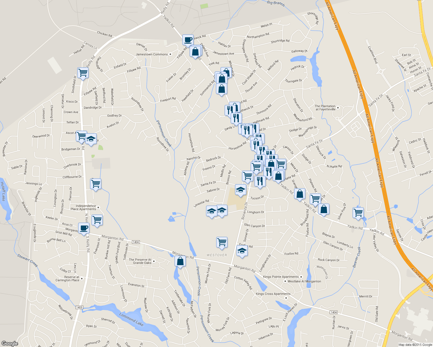map of restaurants, bars, coffee shops, grocery stores, and more near 806 Maverick Court in Fayetteville