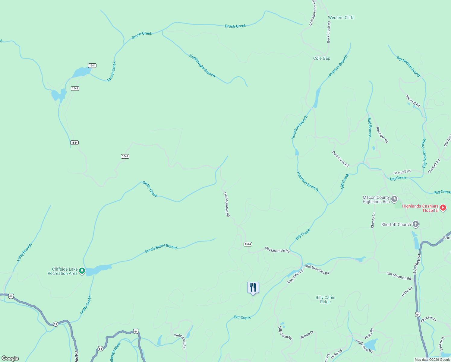 map of restaurants, bars, coffee shops, grocery stores, and more near Flat Mountain Rd in Highlands