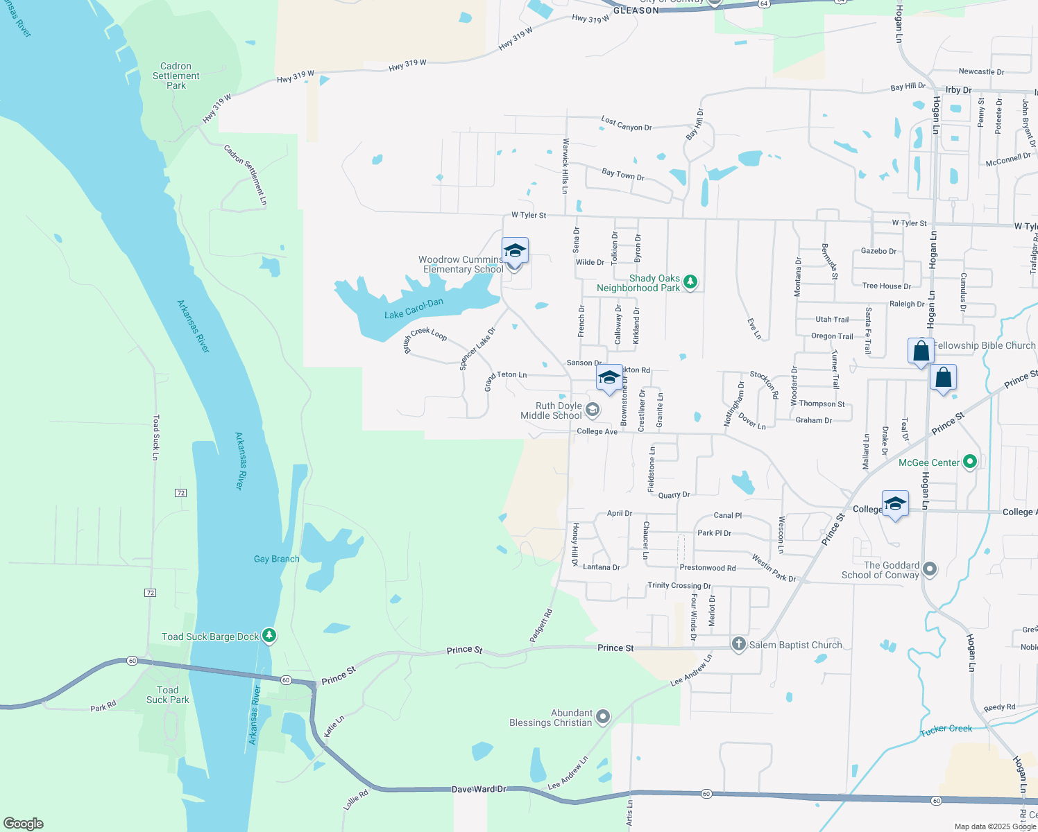 map of restaurants, bars, coffee shops, grocery stores, and more near 815 Padgett Road in Conway