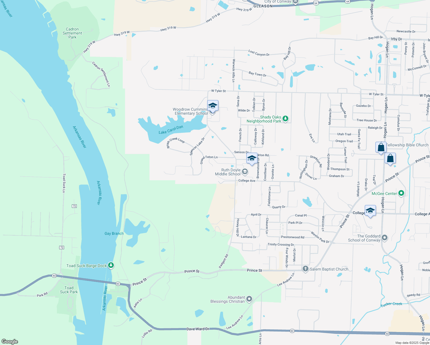 map of restaurants, bars, coffee shops, grocery stores, and more near 815 Padgett Road in Conway