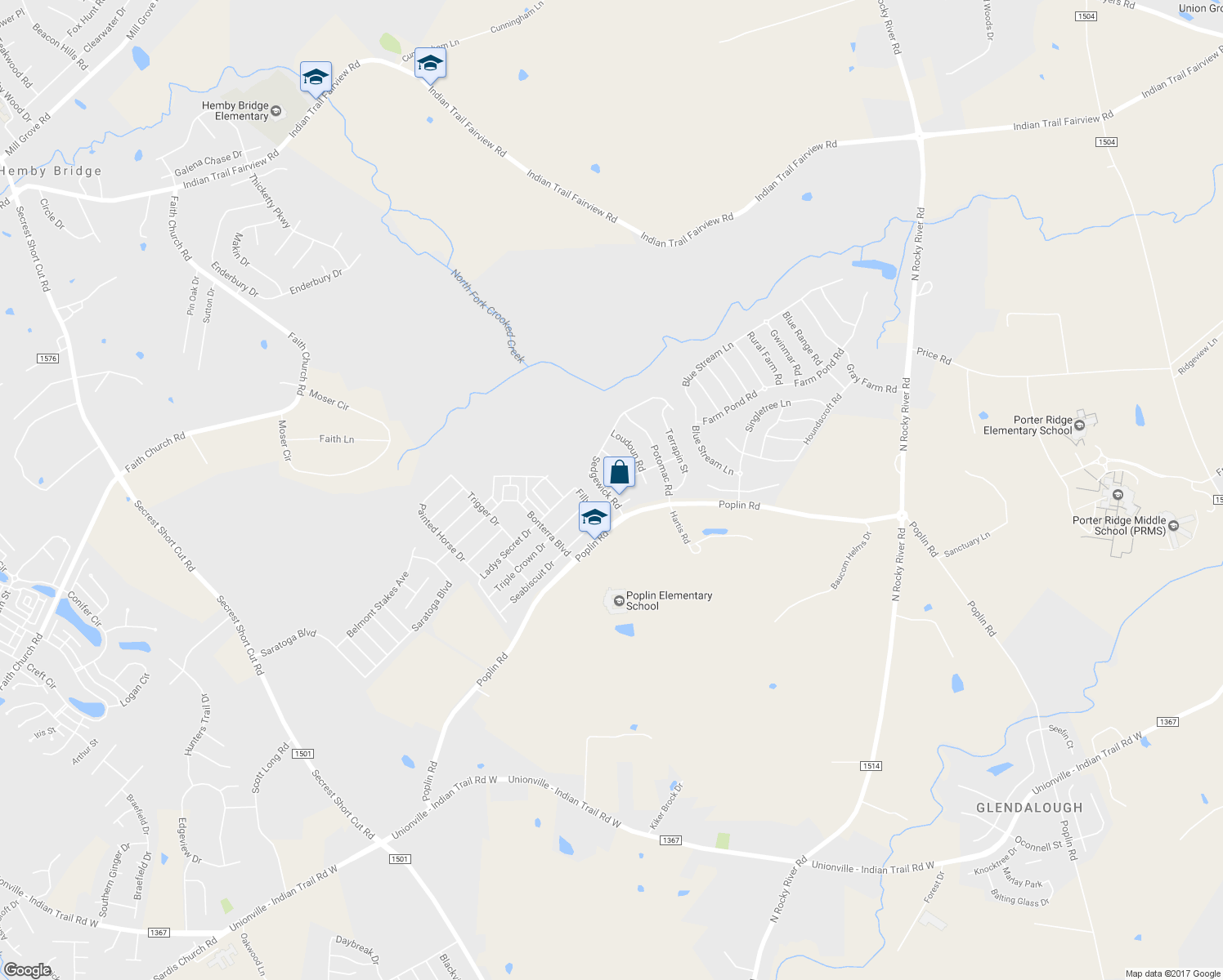 map of restaurants, bars, coffee shops, grocery stores, and more near 1000 Emerson Lane in Indian Trail