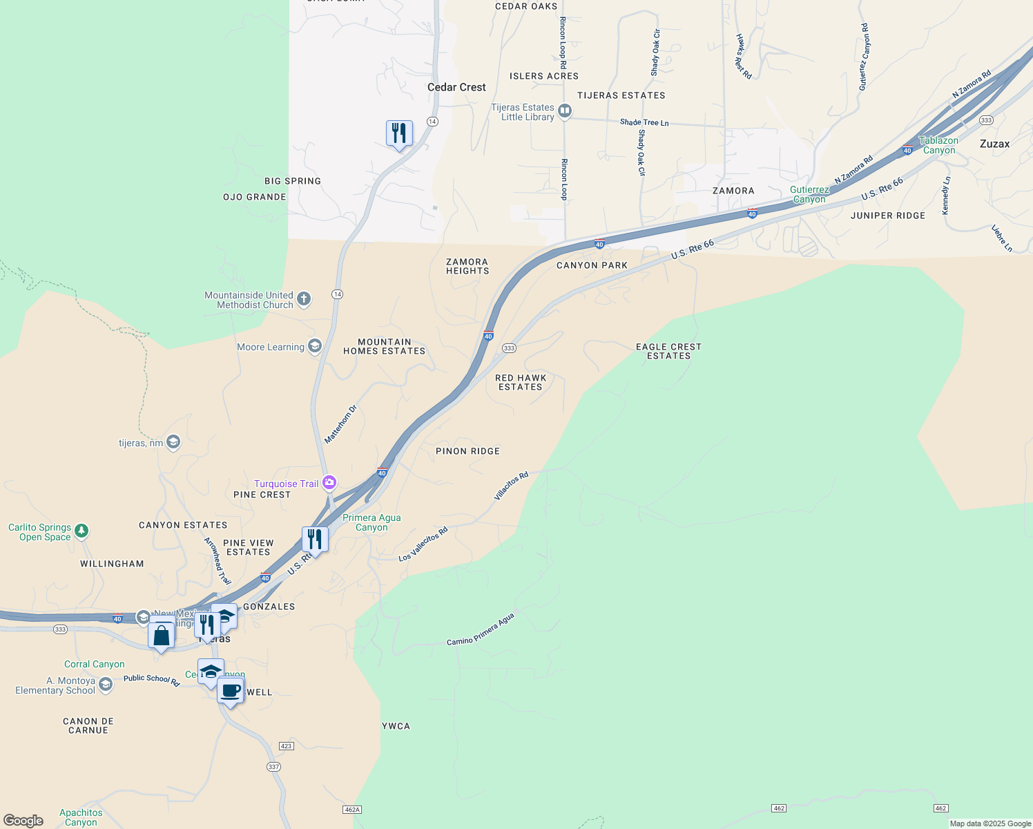 map of restaurants, bars, coffee shops, grocery stores, and more near 16 Cresenciano Road in Tijeras