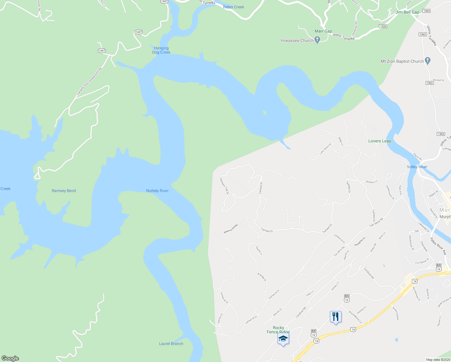 map of restaurants, bars, coffee shops, grocery stores, and more near 1085 Farmers Top Drive in Murphy