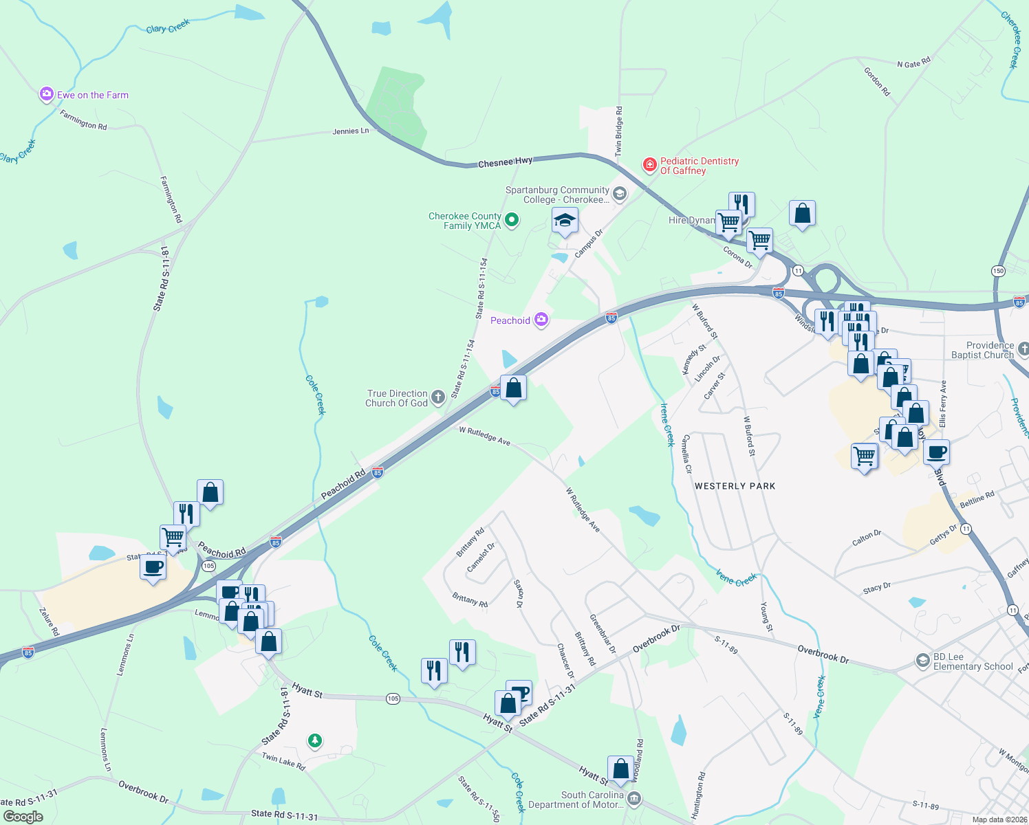 map of restaurants, bars, coffee shops, grocery stores, and more near 507 Windslow Avenue in Gaffney