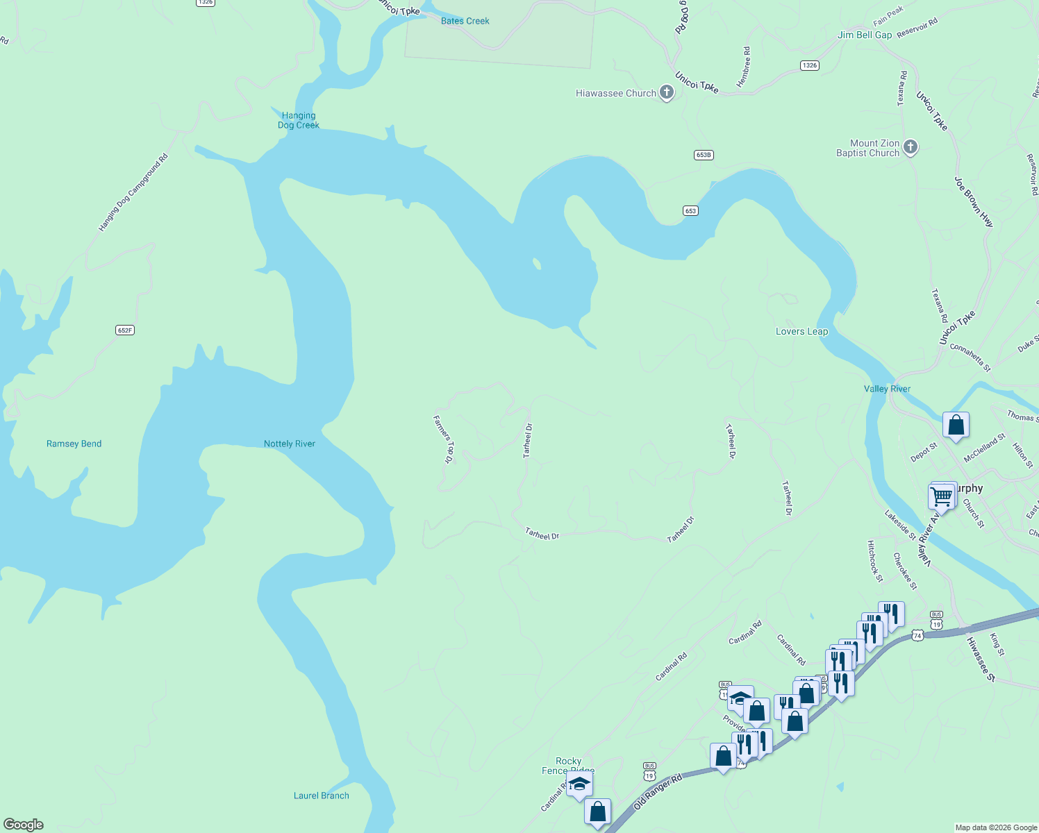 map of restaurants, bars, coffee shops, grocery stores, and more near 45 Farmers Top Drive in Murphy