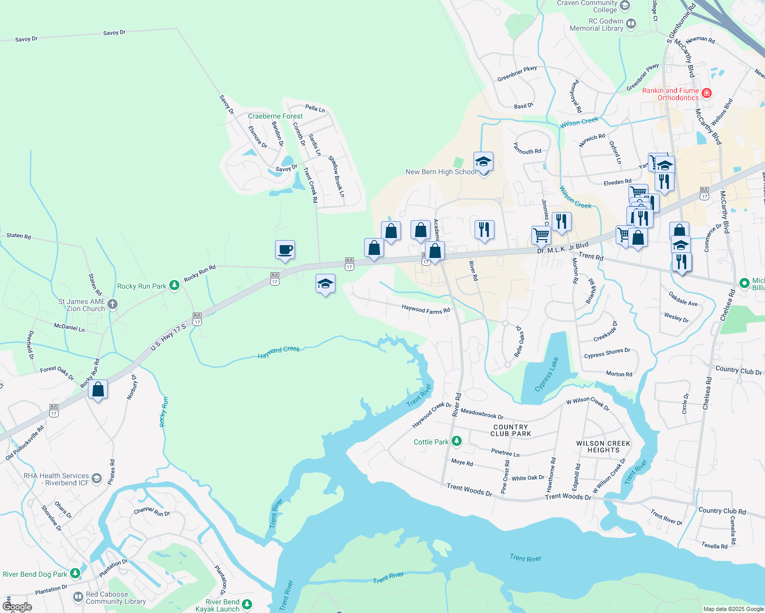 map of restaurants, bars, coffee shops, grocery stores, and more near 4601 Haywood Farms Road in New Bern