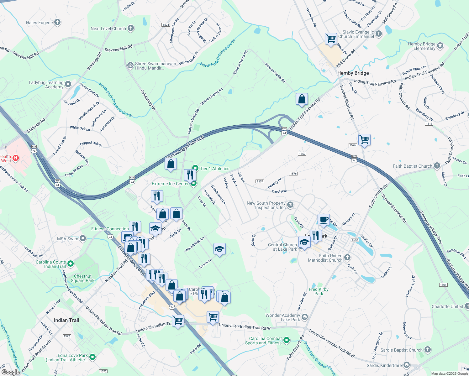 map of restaurants, bars, coffee shops, grocery stores, and more near 6721 2nd Avenue in Indian Trail
