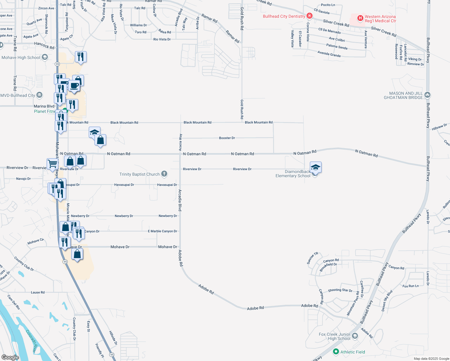 map of restaurants, bars, coffee shops, grocery stores, and more near 2154 Riverview Drive in Bullhead City
