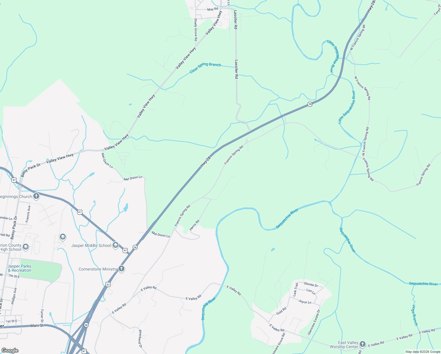 map of restaurants, bars, coffee shops, grocery stores, and more near 1350 Francis Spring Road in Jasper