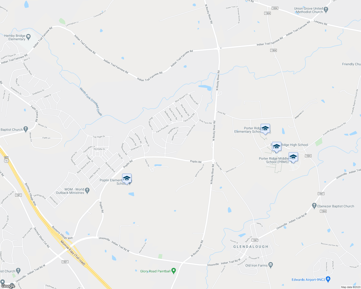 map of restaurants, bars, coffee shops, grocery stores, and more near 2022 Houndscroft Road in Indian Trail