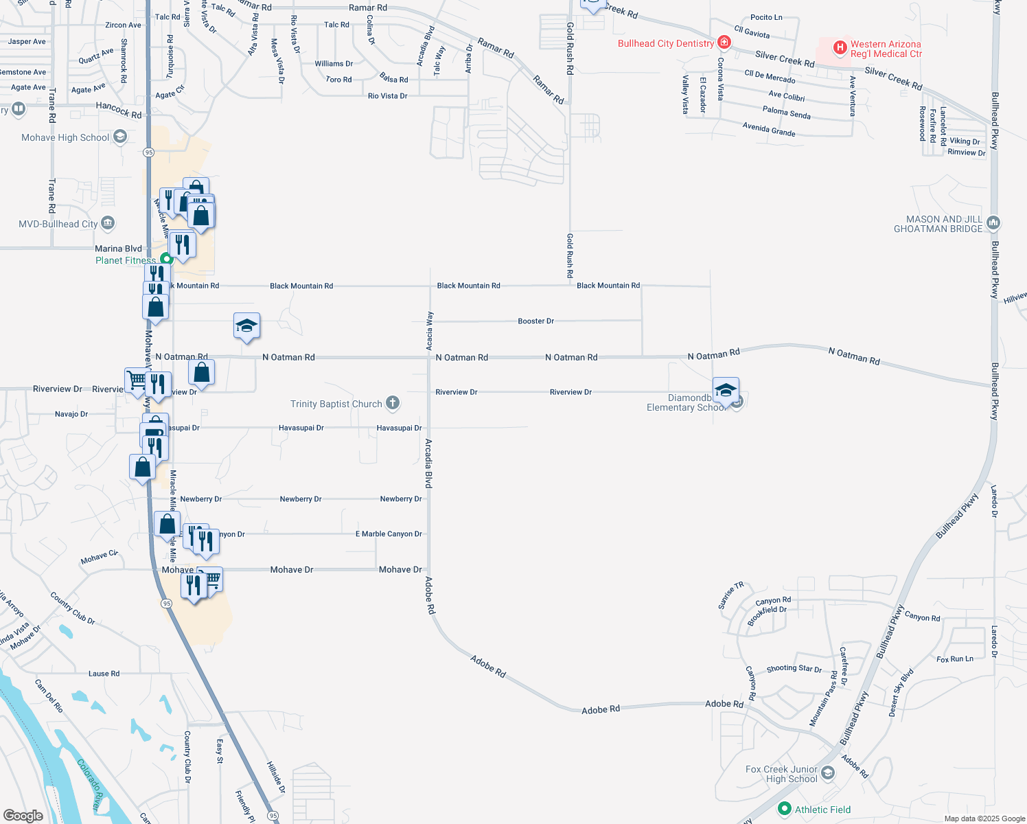 map of restaurants, bars, coffee shops, grocery stores, and more near 2154 Riverview Drive in Bullhead City