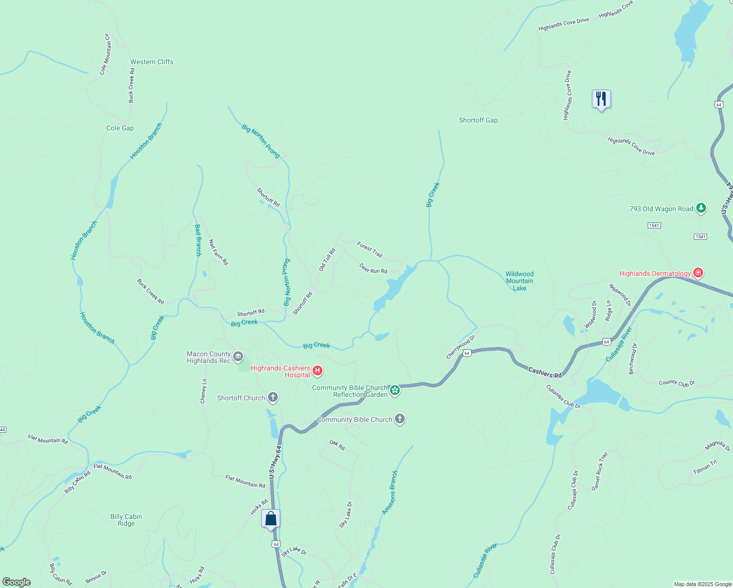 map of restaurants, bars, coffee shops, grocery stores, and more near 83 Ridge Trail in Highlands