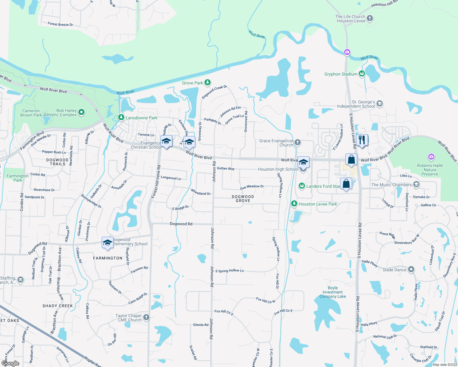map of restaurants, bars, coffee shops, grocery stores, and more near 2065 Dogwood Grove Cove in Germantown